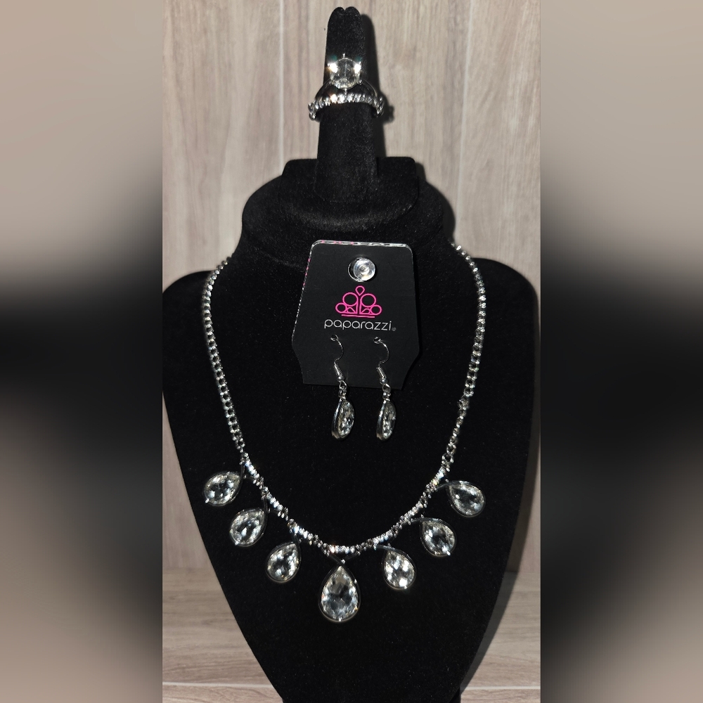 paparazzi 2 Piece Silver Clear Teardrop Crystal Necklace & Earring  and Ring Set